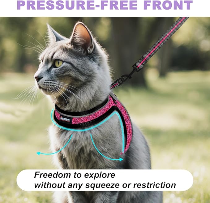 Cat Harness and Leash Set,Escape Proof Kitten Harness,Step in Adjustable Soft Lightweight,Easy Control,Reflective Strips Comfortable for Walking Travel(Pink/Black,S)