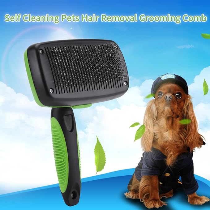 Self Cleaning Pet Slicker Brush Comb, Professional Grooming Tool for Dogs and Cats, Stainless Steel with Retractable Button, Ergonomic Handle for Long Short Thick Wiry or