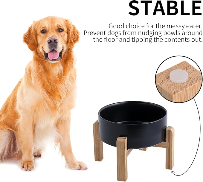 Black Elevated Dog Bowl Ceramic for Medium Large Sized Breed,Raised Dog Food Water Bowl with Stand,8 in 7.6 Cups Non Slip Pet Dish Heavy Weighted