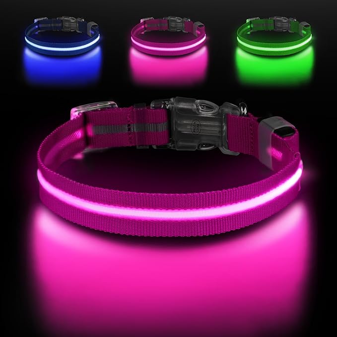 Jewyow Light Up Dog Collar, Adjustable USB Rechargeable Glow in Dark Dog Collar ，Waterproof Dog Collars for Medium Dogs (Pink, Medium)