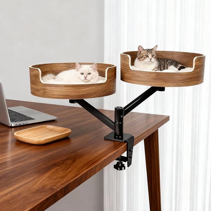 Double Cat Desk Bed with 2 Pet Mat ，360° Rotation ，Walnut Wood Finish，Space-Saving Perch Adjustable Cat Bed Desk Easy Install - Suitable for Indoor Furniture for Office & Game Tables