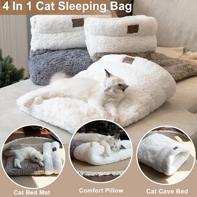 Cat Sleeping Bag 5 in 1 with Zipper Cute Self Warming Cat Bed Cave with Plush Portable Snuggle Sack/Hideway for Indoor Cats & Small Pets Coffee 21×17 Inch