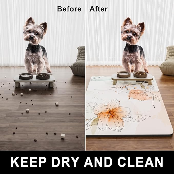 Dog Food Mat, 12" x 19" Absorbent Dog Cat Bowl Mat for Food and Water, Cute Anti-Slip Rubber Pet Feeding Rug Protect Floors, Placemat for Feeding & Watering Supplies, Watercolor Flowers