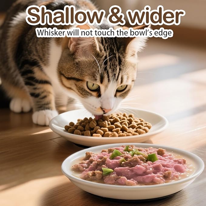 Cat Food Bowl Set of 3, Ceramic Cat Bowls, Anti Whisker Fatigue Cats Bowl Set,5.9 Inches Shallow Wide Kitten Plates with Silicone Base for Wet/Dry Food, Indoor Pets(Paw)