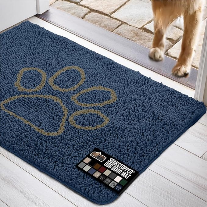 GORILLA GRIP SOAKSTOPPER Dog Door Mat, 48x30 Machine Washable Rug Absorbent Doormat Captures Moisture Mud Dirt, Quick Dry Soft Chenille Entryway Rugs Indoor Entrance Mats for Dog Paws, Navy