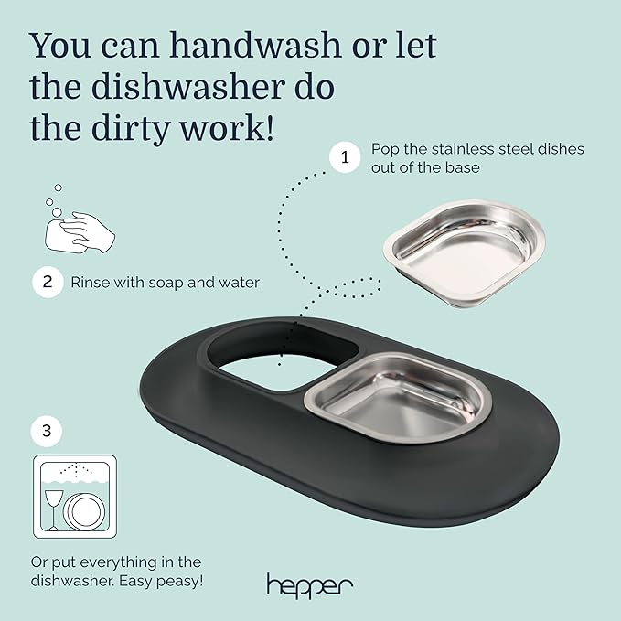 Hepper NomNom - Spill Proof Elevated Cat Bowls for Food and Water - Whisker Relief Bowl + Raised Cat Food Bowls: a Safe Dish for Messy Cats - Stainless Steel Cat Bowl Station