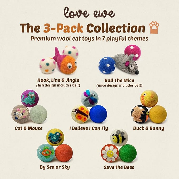 Hustle & Blush Love Ewe Felted Cat Toys 3 Pack - 2 Inch Cat & Mouse Hand Made Cute & Fun Design Kitten Wool Felt Balls for Indoor Play & Exercise - 100% New Zealand Handmade Felted Balls