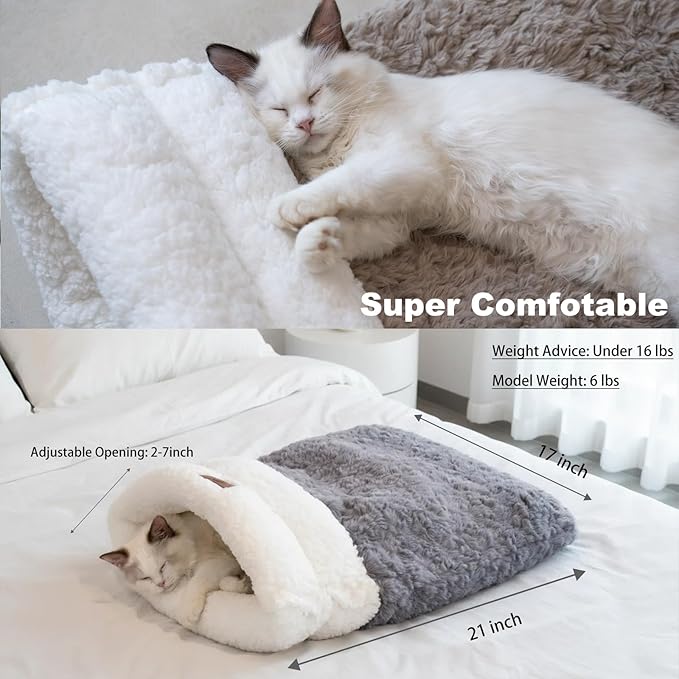 Cat Sleeping Bag 5 in 1 with Zipper Cute Self Warming Cat Bed Cave with Plush Portable Snuggle Sack/Hideway for Indoor Cats & Small Pets Coffee 21×17 Inch