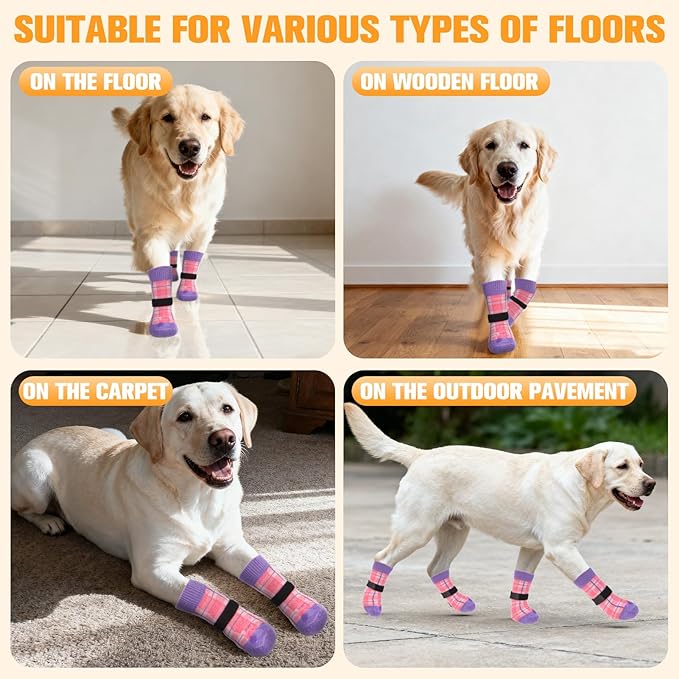 EXPAWLORER Dog Socks for Hardwood Floors, Dog Shoes for Winter, Dog Booties for Cold Pavement to Prevent Licking, Paw Protectors Strong Traction Control for Small Medium Large Dogs,Pink Purple XS