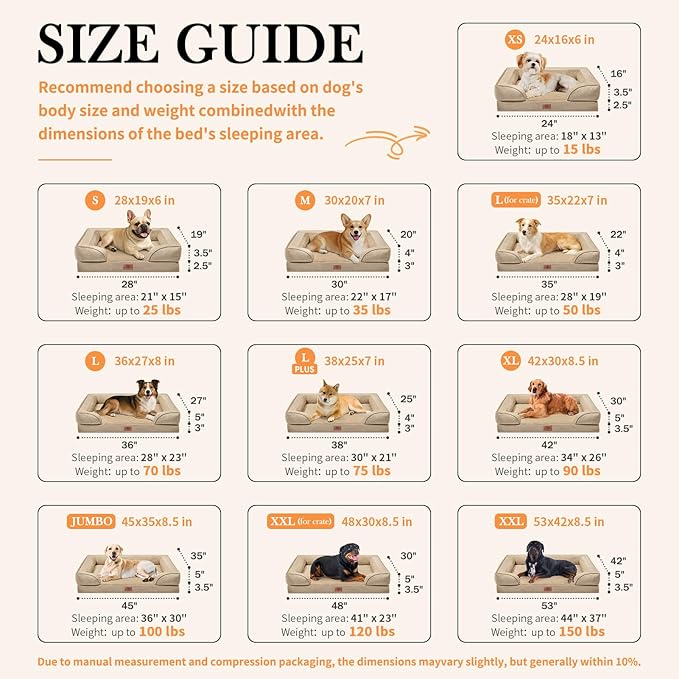Comfort Expression Orthopedic Dog Bed for Small Dogs 24x16 Inch, Waterproof Supportive Egg Crate Foam Small Pet Bed with Removable Bolster, Dog Couch with Washable Cover & Non-Slip Bottom, Light Brown