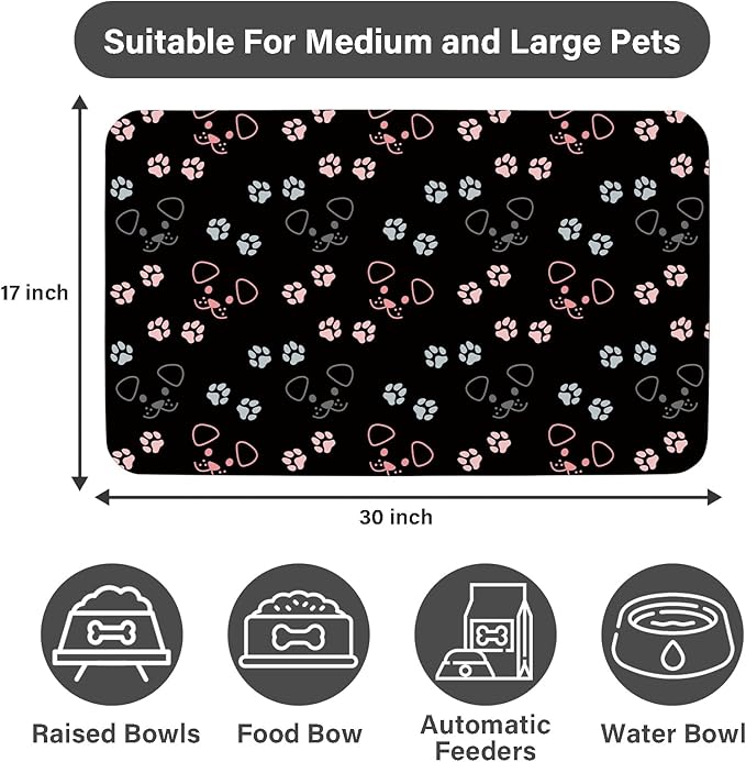 Patterned Cat & Dog Bowl Mat for Food and Water, 17"×30" Quick Dry Absorbent Pet Feeding Mat, Eco-Friendly Dog Placemat