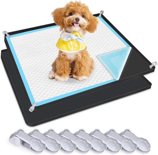 Dog Pee Pad Holder, 2 Pack Dog Potty Tray Silicone Puppy Pad Holder Tray Fits for 24" x 24" Training Pads, Puppy Potty Tray With 8 Clamps No Spill Raised Lip High Edge for Floor Protection (Black)