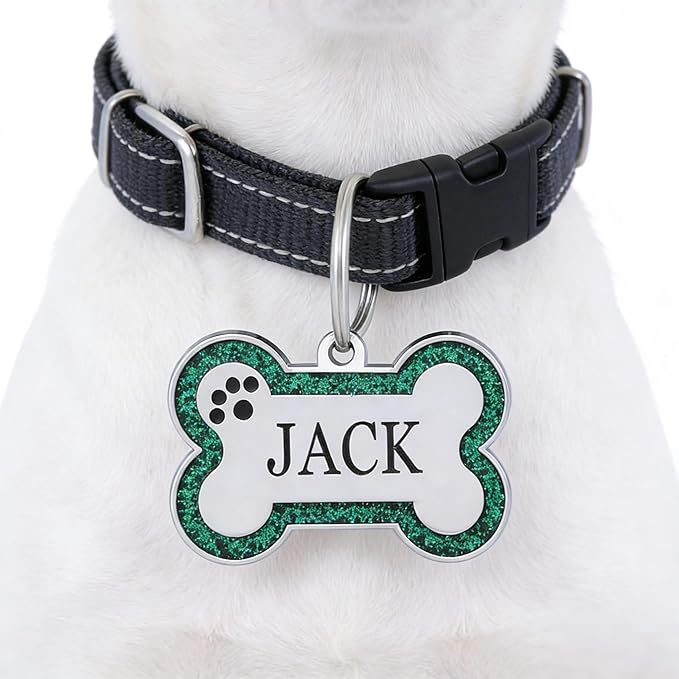 Personalized Dog Tags - Stainless Steel Deep Engraved Glitter Bone Shape Pet ID Tag, Double Sided Custom Text, Lightweight Durable Cat Dog Name Tag (Green, L)