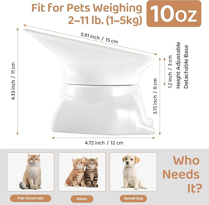 Small Elevated Slow Feeder Cat Bowl,Cute Tilted Detachable Cat Slow Feeder Food Bowls,Anti Vomiting Raised Pet Bowl for Dry and Wet Food,Whisker Friendly,Suitable for Cats & Small Dogs,White