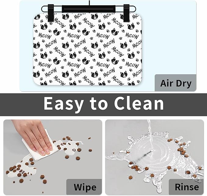 Dog Food Mat for Floors Absorbent,Quick Dry Cat Pet Feeding Placemats with Non Slip Rubber for Dog Food and Water Bowl, Pet Supplies for Dogs, Cats(30x45cm,Cute Cat Paw Prints)