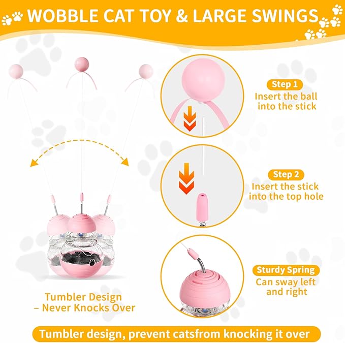 COSOWO Cat Interactive Toys Engaging Wand, Slow Food Treat Dispenser, and Tumbler Design for Indoor Cats Durable, Non-Toxic, Ideal for Exercise and Boredom Relief Gift for Kitten, Pink