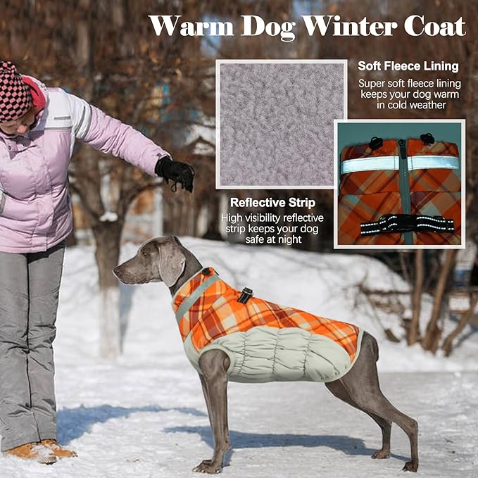 Lelepet Warm Dog Winter Coat Dog Coats for Large Dogs Waterproof Dogs Jacket with Harness Built in Reflective Cold Weather Coats Zip-Up Winter Fleece Vest Snowsuit Boston Terrier Orange Plaid L