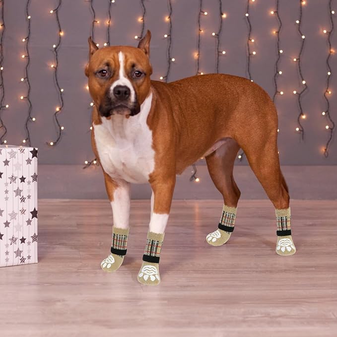 PUPTECK Anti Slip Dog Socks 2 Pairs with Double Grippers for Hardwood Floors, Shoes for Hot/Cold Pavement, Boots & Paws Protectors to Prevent Licking, Traction Booties for Senior Small Large Dogs