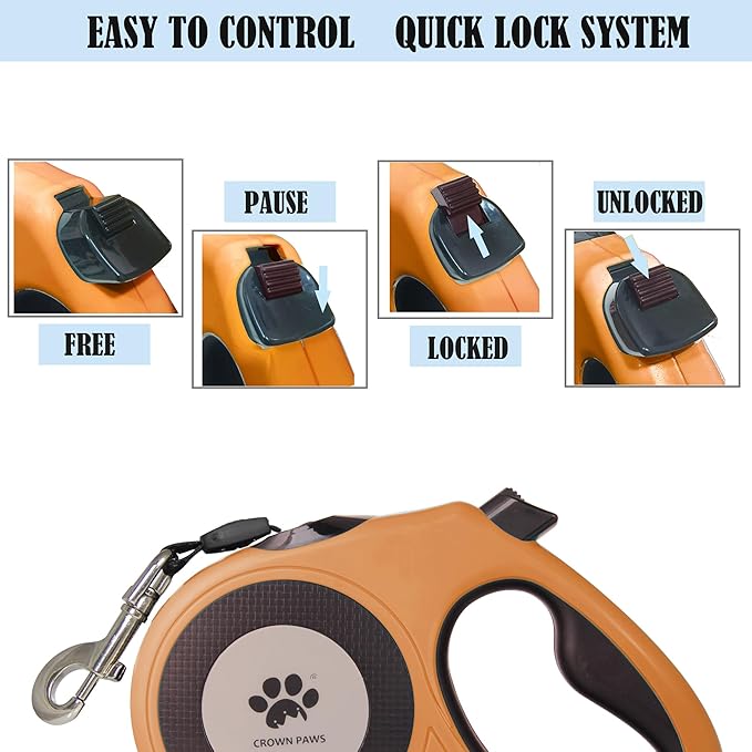 CROWN PAWS 16 ft Retractable Dog Leash for Extra Large Dogs up to 130 lbs,Tangle-Free Nylon Tape,Orange Dan24 XL
