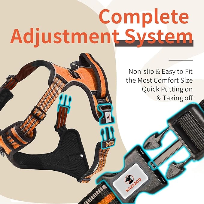 kazazoo Dog Harness, No-Pull Pet Breathable Harness, Adjustable Soft Padded Dog Vest with 2 Leash Clips, Reflective No-Choke Pet, Easy Control Handle for Large Dogs, Orange, XL