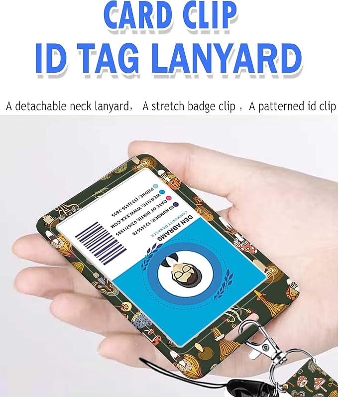 BLOCIT ID Badge Holder with Lanyard - Fashionable ID Card Holders with Retractable Lanyards - Soft Fiber Metal Clip Sturdy Buckle for Key Wallet - Work Nurse Teacher (Different Mushroom)