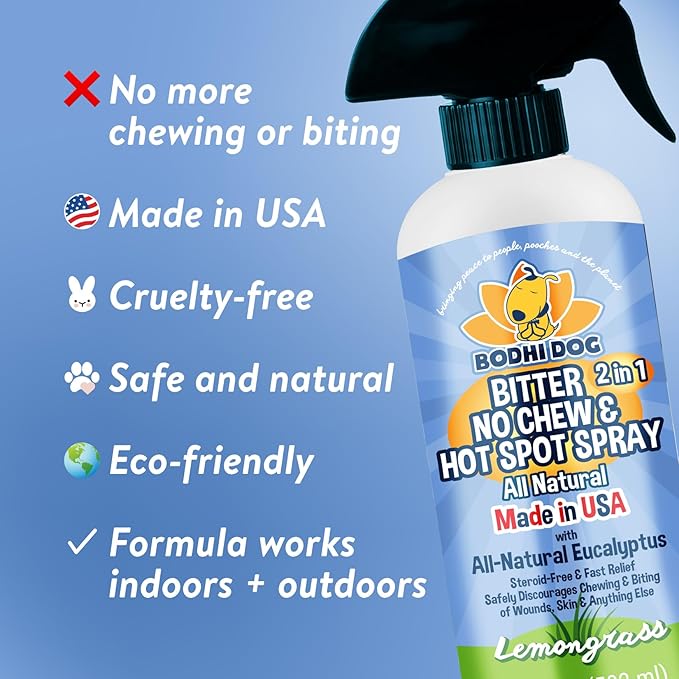 Bodhi Dog Bitter 2-in-1 No Chew & Hot Spot Spray - Natural Anti-Chew Remedy Better Than Bitter Apple - Soothes Hot Spots, Deters Chewing - Safe for Skin, Wounds & Furniture- Made in USA (17 Fl Oz)