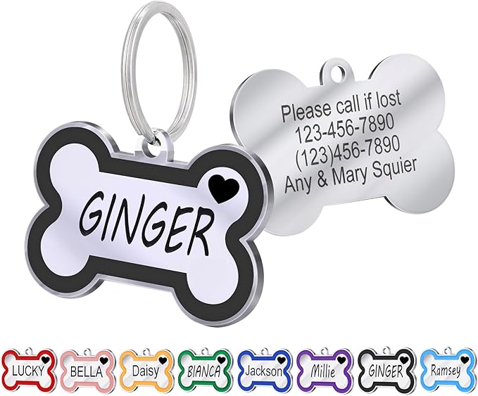Personalized Deep Engraving Pet ID Tags Engraved Both Sides Bone Shape Custom Dog Tag Stainless Pet ID Tag Engraved Heart Dog Tags for Large Small Dogs Cats (Black, Large)