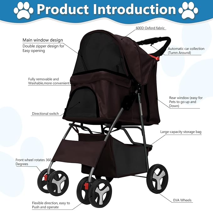 Pet Stroller 4 Wheels Dog Cat Stroller for Medium Small Dogs Cats, Folding Cat Jogger Stroller with Storage Basket & Breathable Mesh, Easy to Walk Travel Carrier