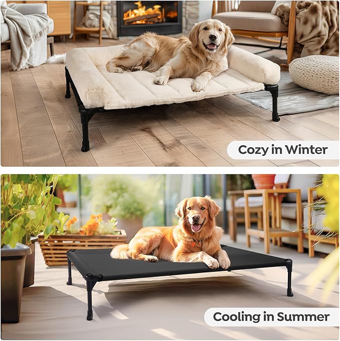 Veehoo Orthopedic Elevated Dog Bed with Fluffy Plush Bolster Cushion, Indoor Raised Dog Beds for Large Dogs, Soft Pet Sofa Cot with Removable Washable Mat, No-Slip Feet, 32 x 25 inches, Cream White