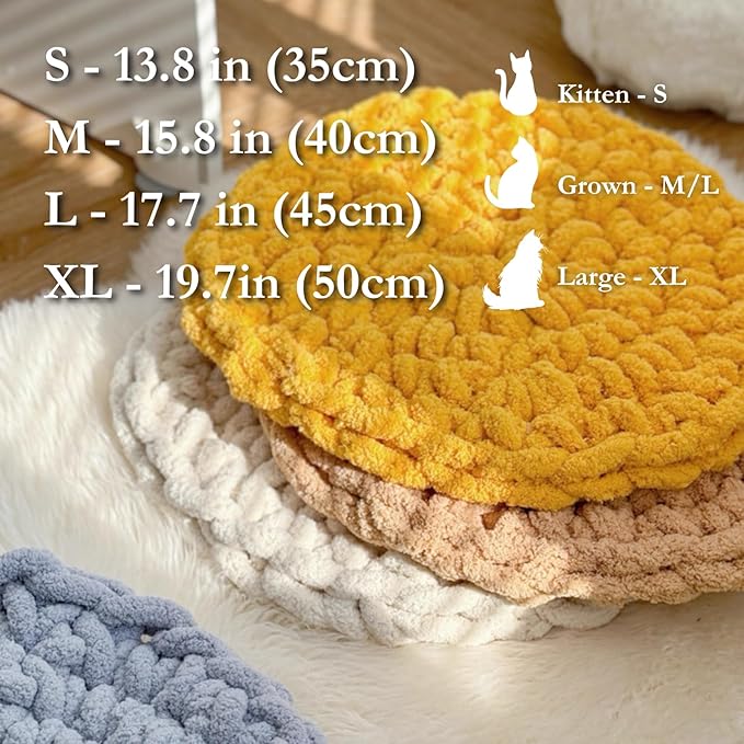 Cat Self-Warming Knitted Bed Mat, Extra-Soft Warm Round Washable Pads Cushions for Indoor Kittens & Kitty Small Pets Cat Trees (Blue,Large)