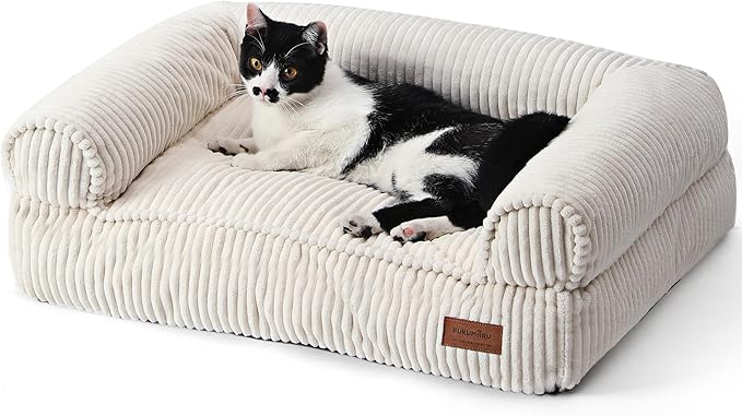 FUKUMARU Dog Couch Bed, Corduroy Cozy Cat Bed for Indoor Cats with Washable Cover, 28in Waterproof Orthopedic Dog Beds Sofa for Small Dogs and Large Cats, Cute Warm Cotton Pet Sofa, Cream