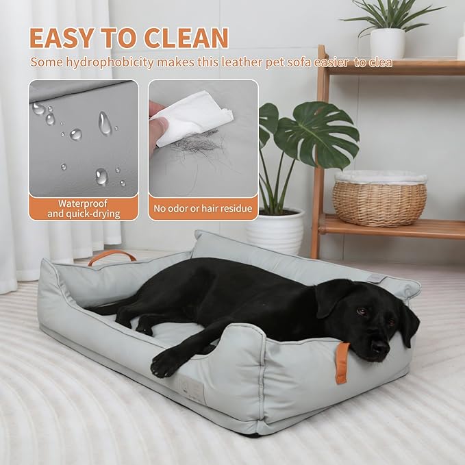 Waterproof Leather Memory Foam Dog Sofa Bed, Removable Orthopedic Dog Beds for Large Dogs, Durable Dogs Bed Couch with Non Skid Bottom for Different Pet Sizes (Silver Gray, X-Large)