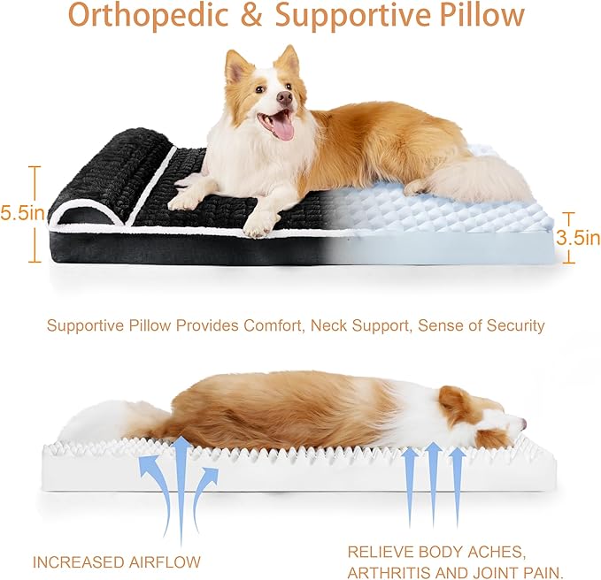 Orthopedic Dog Bed Large Sized Dog with Pillow 36''X24'', Waterproof Soft Comfortable Egg Crate Foam Pet Crate Beds Mat with Removable Washable Cover and Non-Slip Bottom, Black