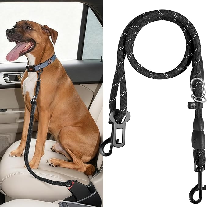 Pawaboo Dog Car Seatbelt, Dog Safety Harness for Car with Metal Clip Buckle, 360° No Tangle Adjustable Vehicle Safety Belt Leash for Pet, Dogs Vehicle Headrest Restraint with Reflective Strips, Black