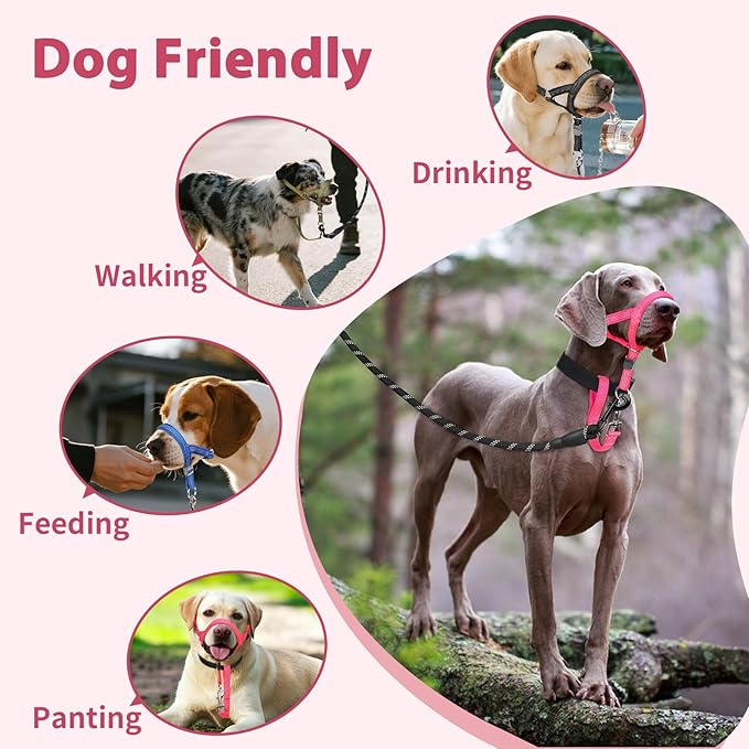 BARKLESS Sturdy No Pull Head Collar for Medium Large Dogs, Gentle Reflective Head Halter with Safety Link, Adjustable Nylon Dog Training Muzzle Leash for Walking Control (Hot Pink, M)