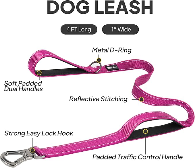 PetiFine 4FT Heavy Duty Dog Leash with Soft Padded Double Handle, Durable Strong Clasp Dog Leashes, Reflective Nylon Walking Lead for Large,Medium,Small Breed Dogs, Rose
