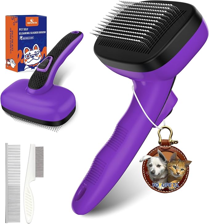 3 PCS Dog Grooming Brush Kit – Self Cleaning Slicker Brush for Shedding Short & Long Haired Dogs & Cats. Removes Loose Fur, Undercoat, Mats, Tangles for Small, Medium & Large Pets. Purple