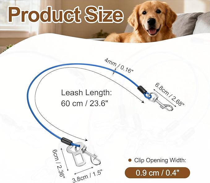PETAXCELL Chew Proof Dog Leash, 24 in Dog Seat Belt Harness with Double Clips Leash Extender Steel Braided Vehicle Tether, (Blue, 1 Pcs), Intended for Pet Car Safety/Walking/Training