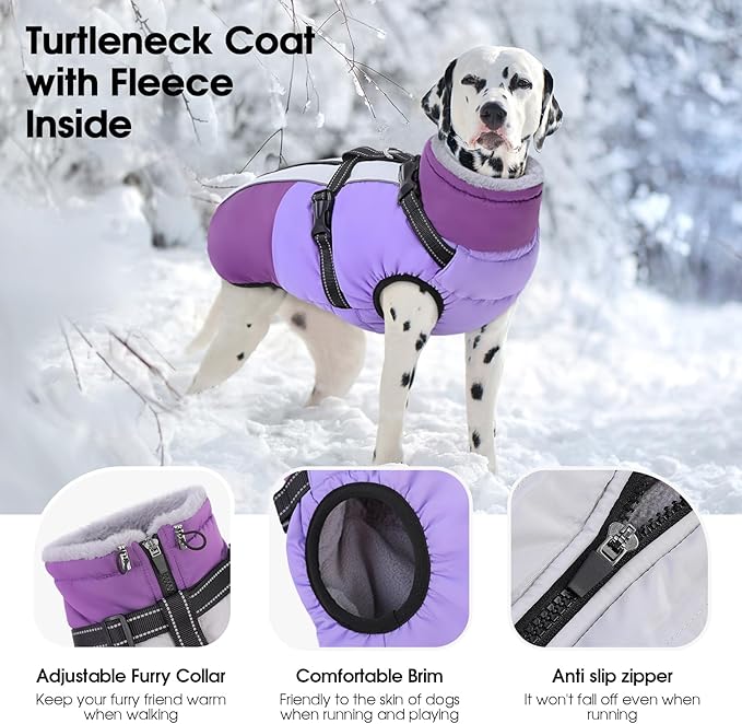 SUNFURA Large Dog Coat with Harness Built in, Warm Dog Jacket Waterproof Pet Winter Coat Snowsuit for Cold Weather, Reflective Fleece Jacket for Large Dogs, Border Collie, Purple XL
