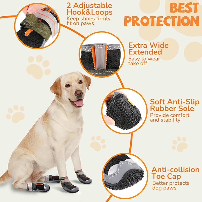 Dog Shoes for Large Small Medium Dogs, Breathable Dog Booties for Outdoor Walking Hiking Anti-Slip Dog Boots Paw Protectors with Reflective Straps for Hardwood Floor Winter Snow Size 4