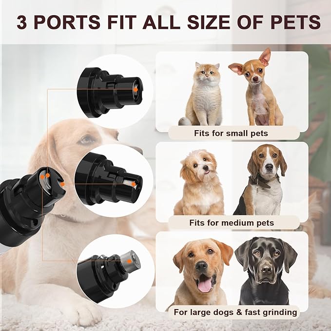 Dog Nail Grinder Upgraded,Professional 2-Speed Pet Nail Trimmer,Quiet and Low-Vibration Dog Nail Trimmers,and 3 Ports for Large,Medium,Small Pets with Hard or Thick Nail