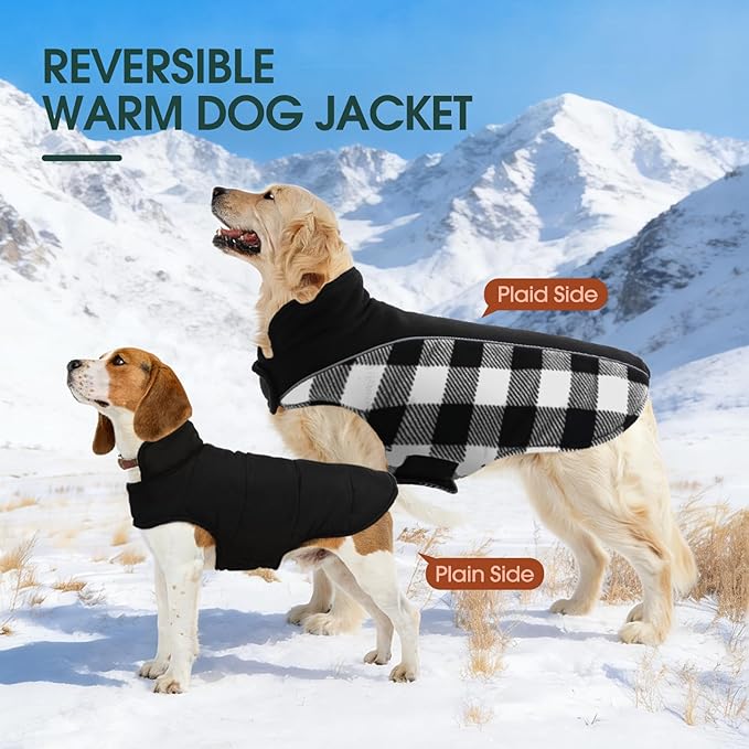 Kuoser Dog Winter Coat, Reversible Waterproof Dog Jacket with Reflective Strip, Warm Dogs Fleece Vest Adjustable Doggy Cold Weather Clothes Plaid Christmas Outfit Pet Apparel for Large Dogs, Black XL