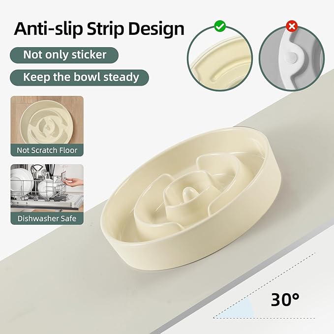 3.2 Cup Ceramic Raised Slow Feeder Dog Bowl Set, Elevated 8.2inch Bowl and 9.5inch Puzzle Slow Food Dish with Wooden Stand for Large Dog, Anti-Gulping (2 x Beige+ Stand)