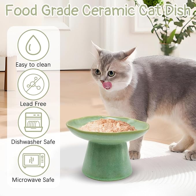 VCEPJH Raised Cat Food Bowls Shallow Cat Plate Ceramic Elevated Cats Dish 6.1in Flat Anti Whisker Fatigue Wide Pet Food & Water Feeder for Indoor Kitty Kitten (Green)