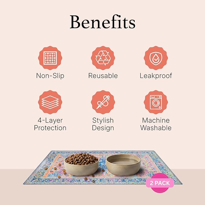 LOVEWAG Waterproof 2-Pack Pet Feeding Mats - 16" x 24" Premium Cat & Dog Food Mat - Non-Slip, Machine Washable Food Mat Protects Floors & Contains Water Bowl Spills - Pet Place Mats (Sage Forest)