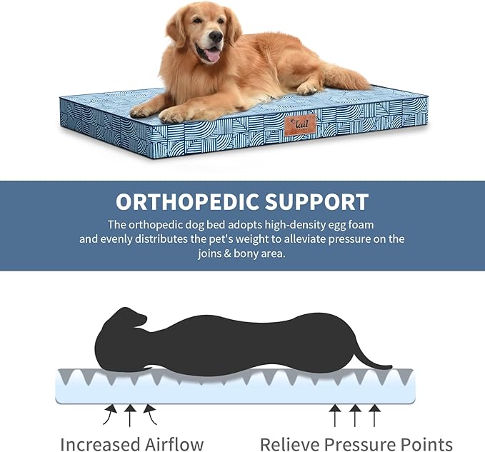 Outdoor Large Washable Dog Bed, Orthopedic Egg Crate Foam Dog Crate Mat for Large Dogs with Removable Oxford Cooling Cover, White Blue