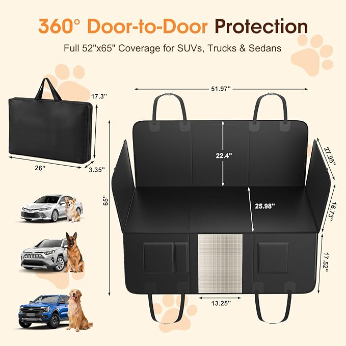 JKLESA Dog Car Seat Cover for Back Seat, 52"x65" Waterproof Hard-Bottom Hammock with Side Flaps, Heavy-Duty 450lbs, Non-Slip & Scratch-Proof PU Leather Protector for SUV, Truck & Sedan Gray