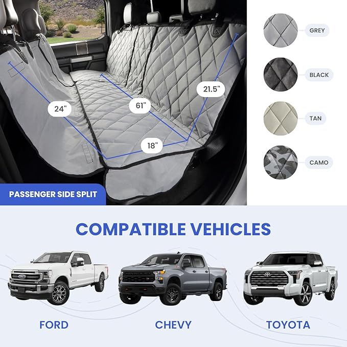 4Knines Bench Seat Covers for Trucks with Dog Hammock & Split-Tech - Rear Seat Protector for Dogs Fits Full Size Crew Cab with Split Bench Seats - Waterproof Dog Seat Cover (Passenger Side, Grey)