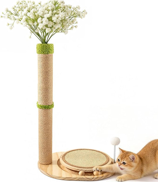 Cute Babys Breath Flower Cat Scratching Post, 39" Tall Cat Tree, Interactive Cat Toys with Ball Track & Spring Ball, Cat Scratcher with Pad for Indoor Cats Adults and Kittens