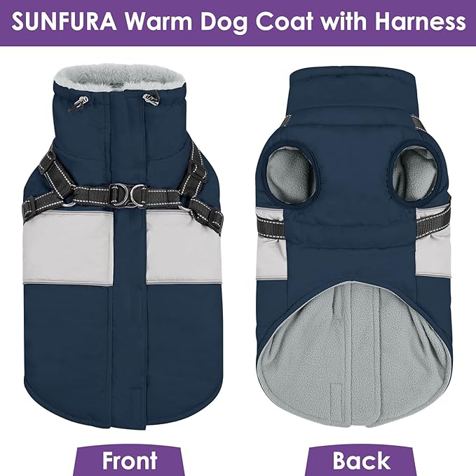 SUNFURA Small Dog Coat with Harness Built in, Warm Dog Jacket Winter with Zipper On Back, Waterproof Pet Snow Jacket Snowsuit Pet Sweater Clothes for Puppy, Blue XS